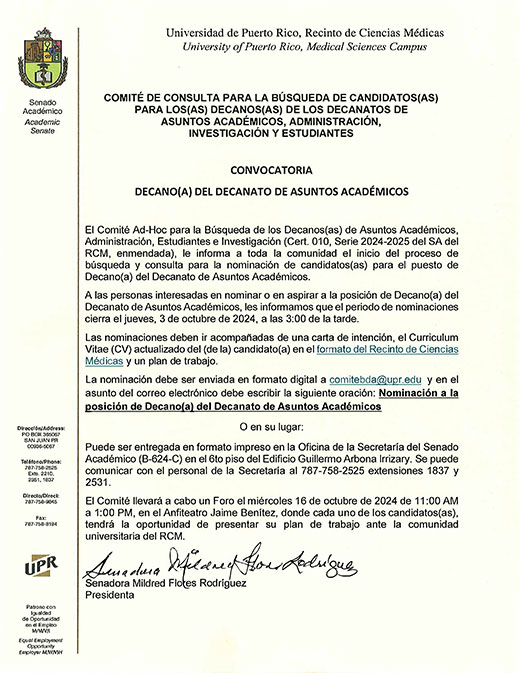 Convocatoria Decanato Asuntos Academicos